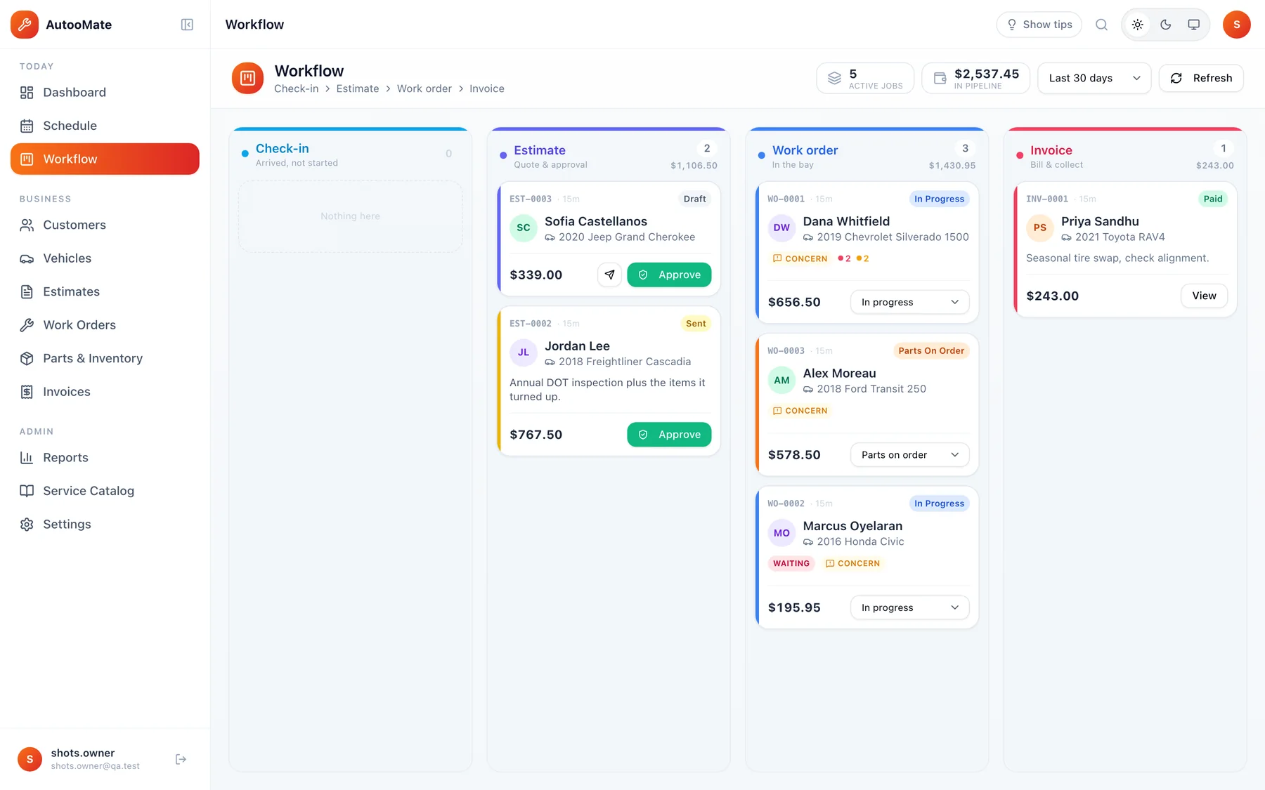 The workflow board with jobs in Check-in, Estimate, Work order and Invoice columns, each card showing customer, vehicle, total and status